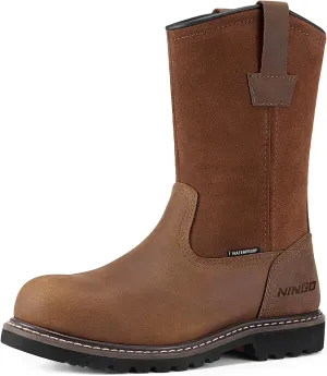 HISEA NINGO Mens Steel/Soft Toe Work Boots, 100% Waterproof Wellington Boots Shoes with Full-grain Leather, Oil Slip Resistant, Hazard Protection, Pull on Work Boots for Men, for Construction, Farming
