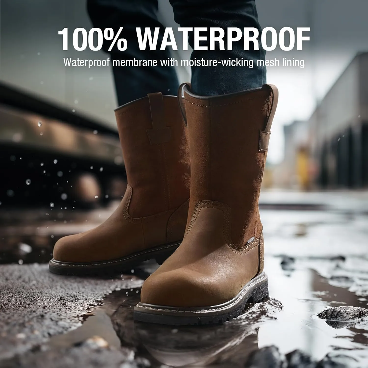 HISEA NINGO Mens Steel/Soft Toe Work Boots, 100% Waterproof Wellington Boots Shoes with Full-grain Leather, Oil Slip Resistant, Hazard Protection, Pull on Work Boots for Men, for Construction, Farming