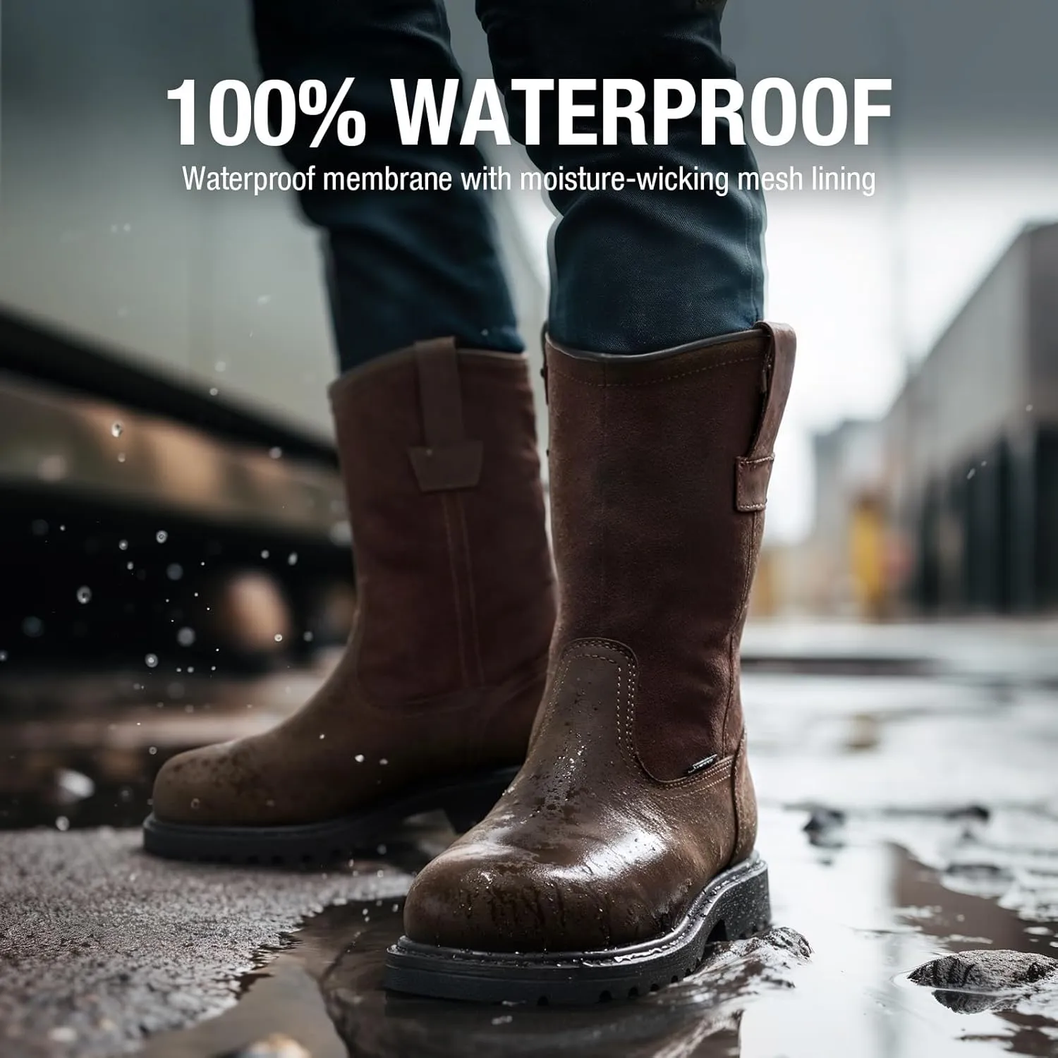 HISEA NINGO Mens Steel/Soft Toe Work Boots, 100% Waterproof Wellington Boots Shoes with Full-grain Leather, Oil Slip Resistant, Hazard Protection, Pull on Work Boots for Men, for Construction, Farming