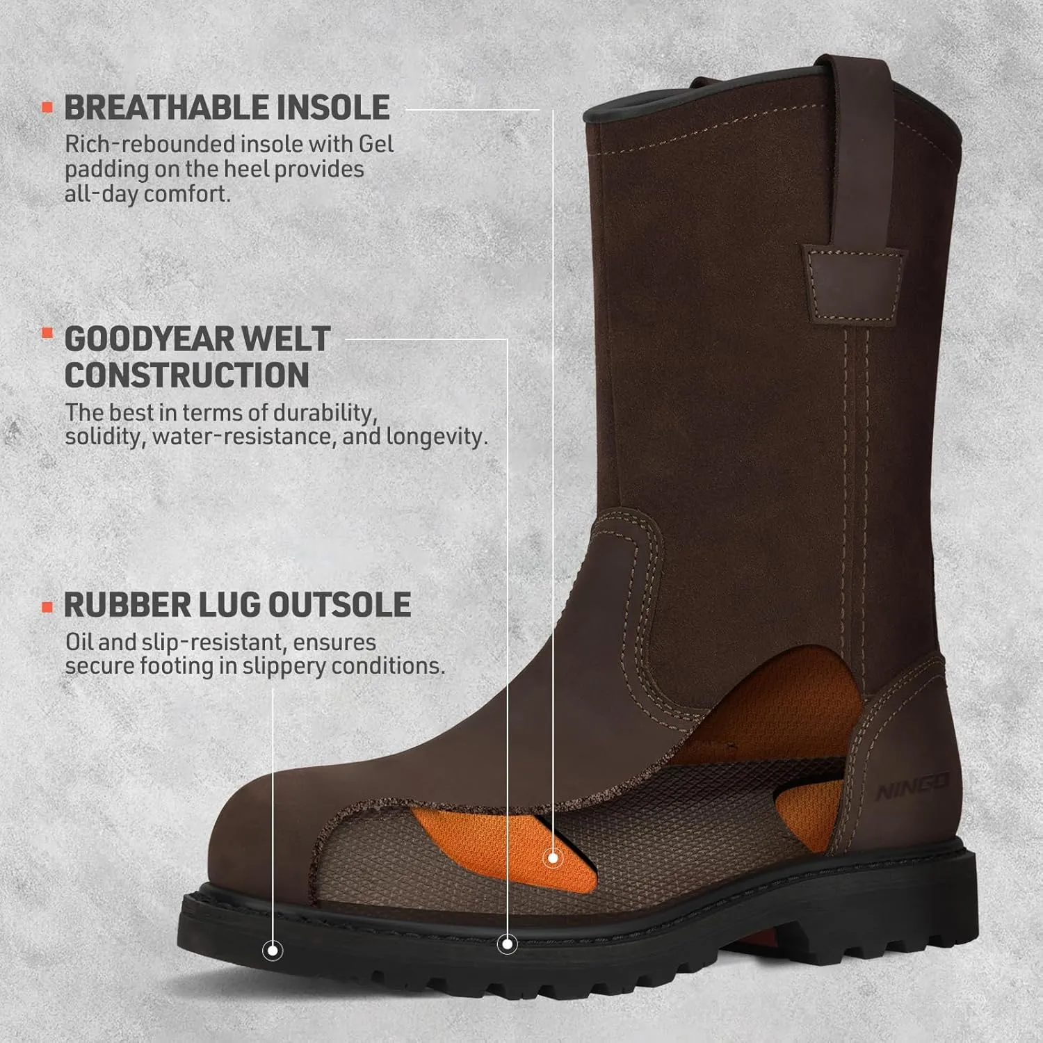 HISEA NINGO Mens Steel/Soft Toe Work Boots, 100% Waterproof Wellington Boots Shoes with Full-grain Leather, Oil Slip Resistant, Hazard Protection, Pull on Work Boots for Men, for Construction, Farming