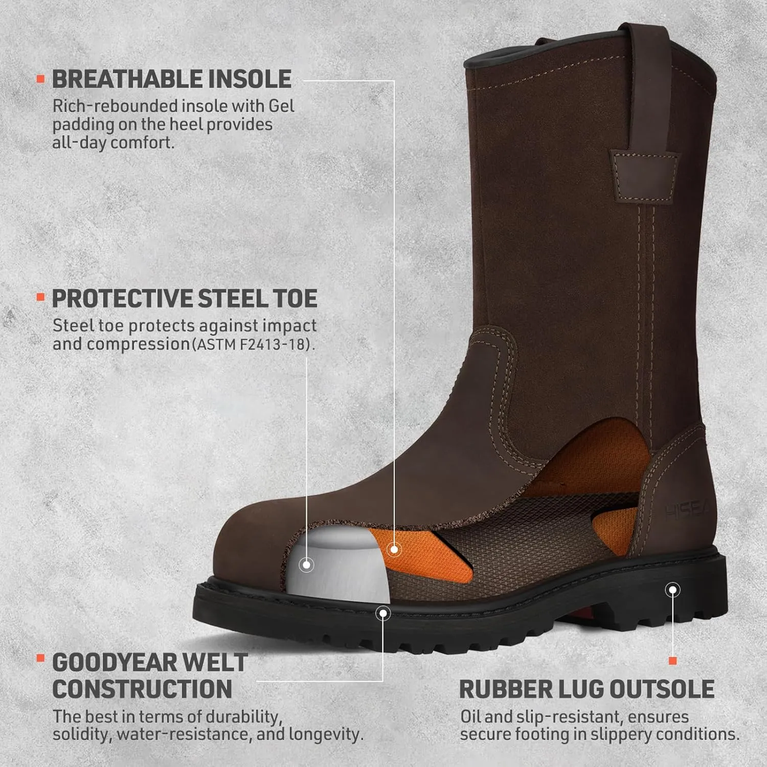 HISEA NINGO Mens Steel/Soft Toe Work Boots, 100% Waterproof Wellington Boots Shoes with Full-grain Leather, Oil Slip Resistant, Hazard Protection, Pull on Work Boots for Men, for Construction, Farming