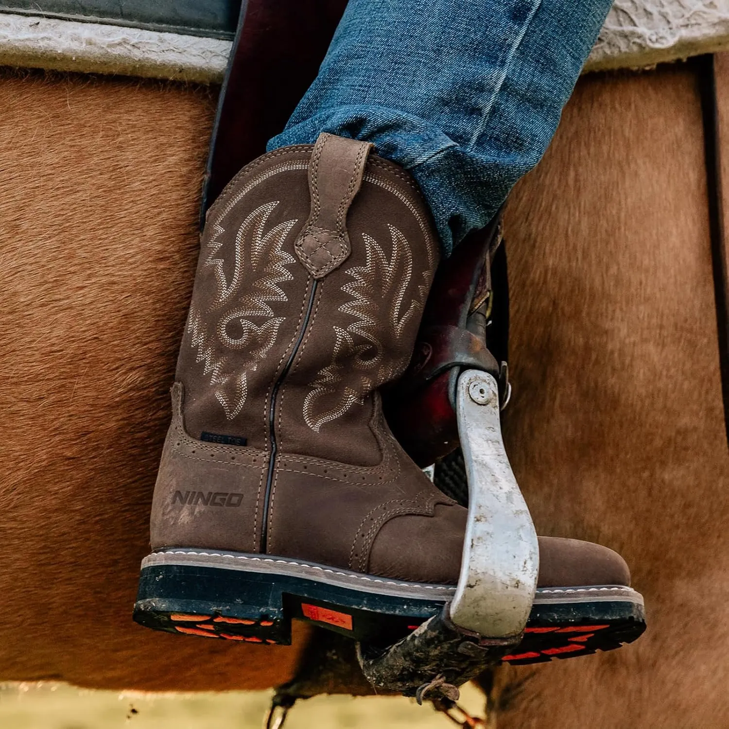 HISEA NINGO Men's Western Cowboy Boots Waterproof Square Toe Steel/Soft Toe Work Boots Men's Slip On Pull On Safety Toe Leather Work Boots for Construction Farming
