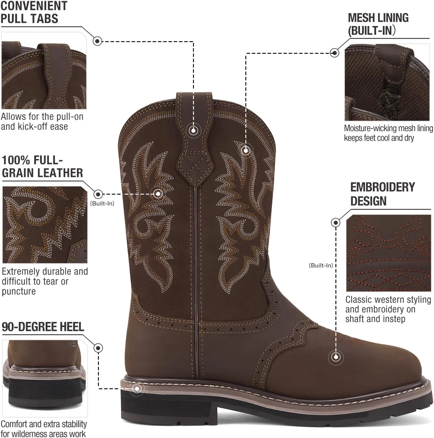 HISEA NINGO Men's Western Cowboy Boots Waterproof Square Toe Steel/Soft Toe Work Boots Men's Slip On Pull On Safety Toe Leather Work Boots for Construction Farming
