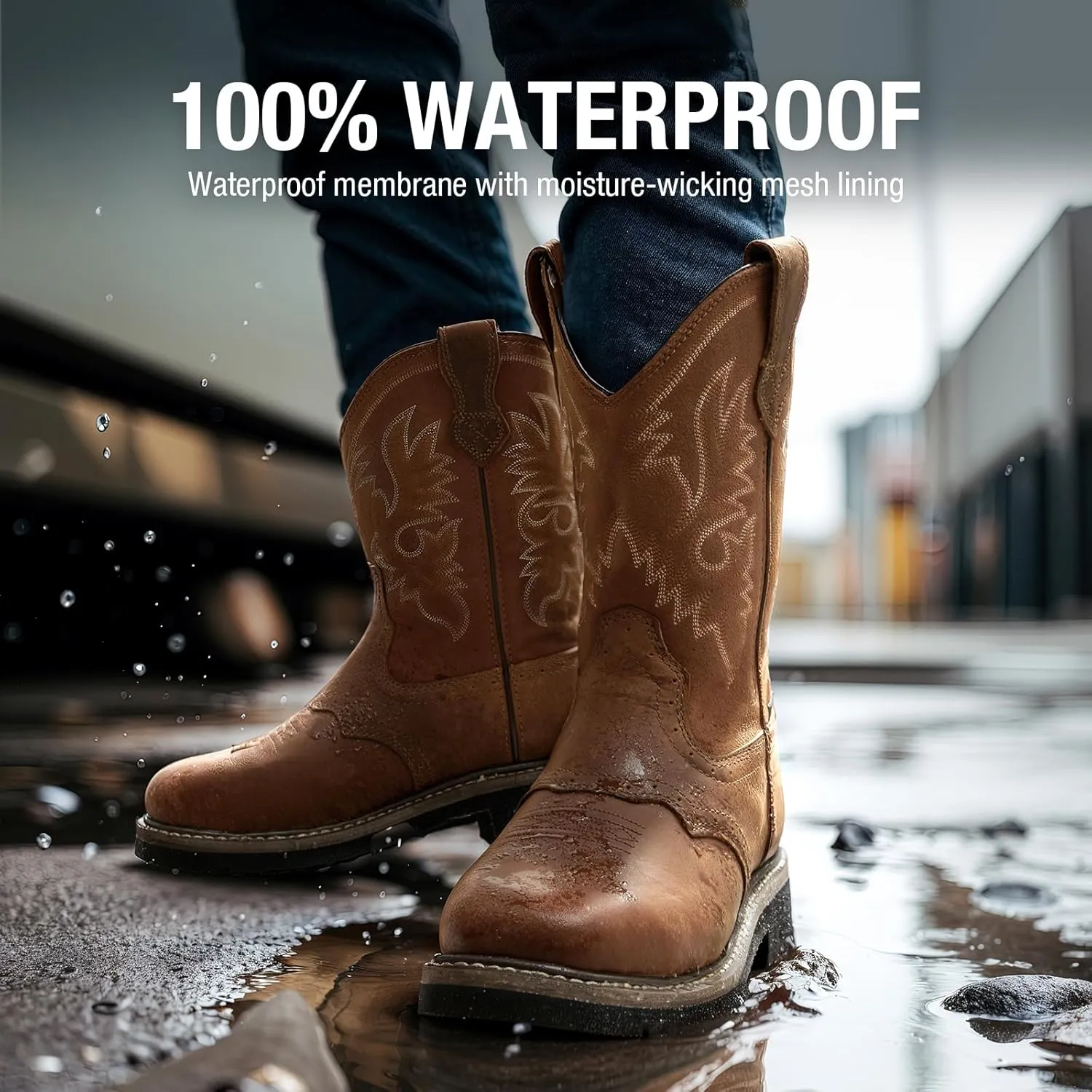 HISEA NINGO Men's Western Cowboy Boots Waterproof Square Toe Steel/Soft Toe Work Boots Men's Slip On Pull On Safety Toe Leather Work Boots for Construction Farming