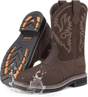 HISEA NINGO Men's Western Cowboy Boots Waterproof Square Toe Steel/Soft Toe Work Boots Men's Slip On Pull On Safety Toe Leather Work Boots for Construction Farming