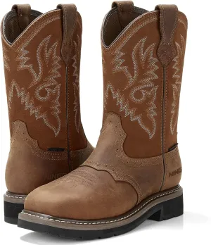 HISEA NINGO Men's Western Cowboy Boots Waterproof Square Toe Steel/Soft Toe Work Boots Men's Slip On Pull On Safety Toe Leather Work Boots for Construction Farming