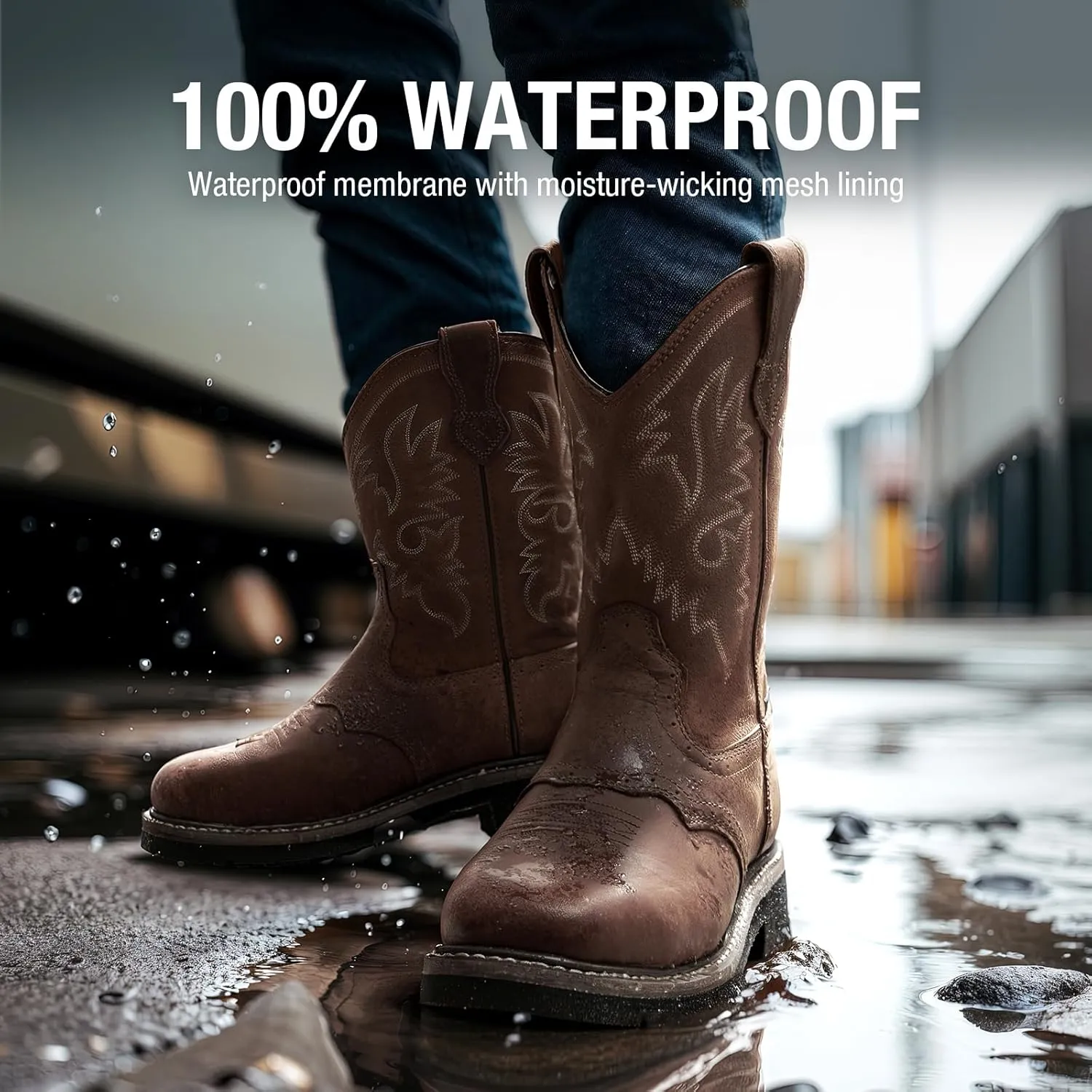 HISEA NINGO Men's Western Cowboy Boots Waterproof Square Toe Steel/Soft Toe Work Boots Men's Slip On Pull On Safety Toe Leather Work Boots for Construction Farming