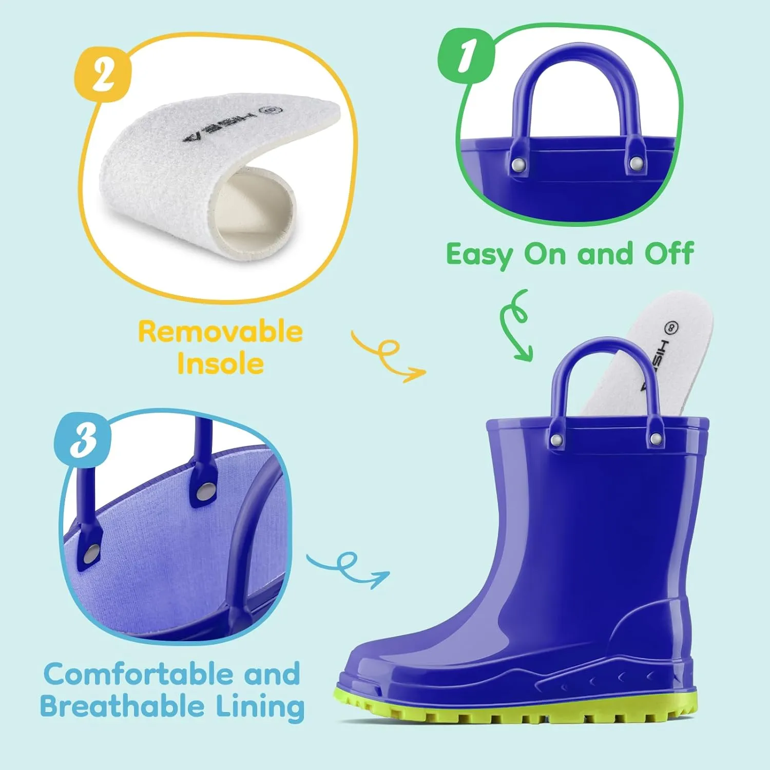 HISEA Toddler Kids Rain Boots for Boys Girls, Waterproof Rubber Boots with Easy-On Handles, Seamless Soft PVC Rainboots Lightweight Mud Shoes for Water Beach Outdoor Playing (Toddler/Little Kid/Big Kid)