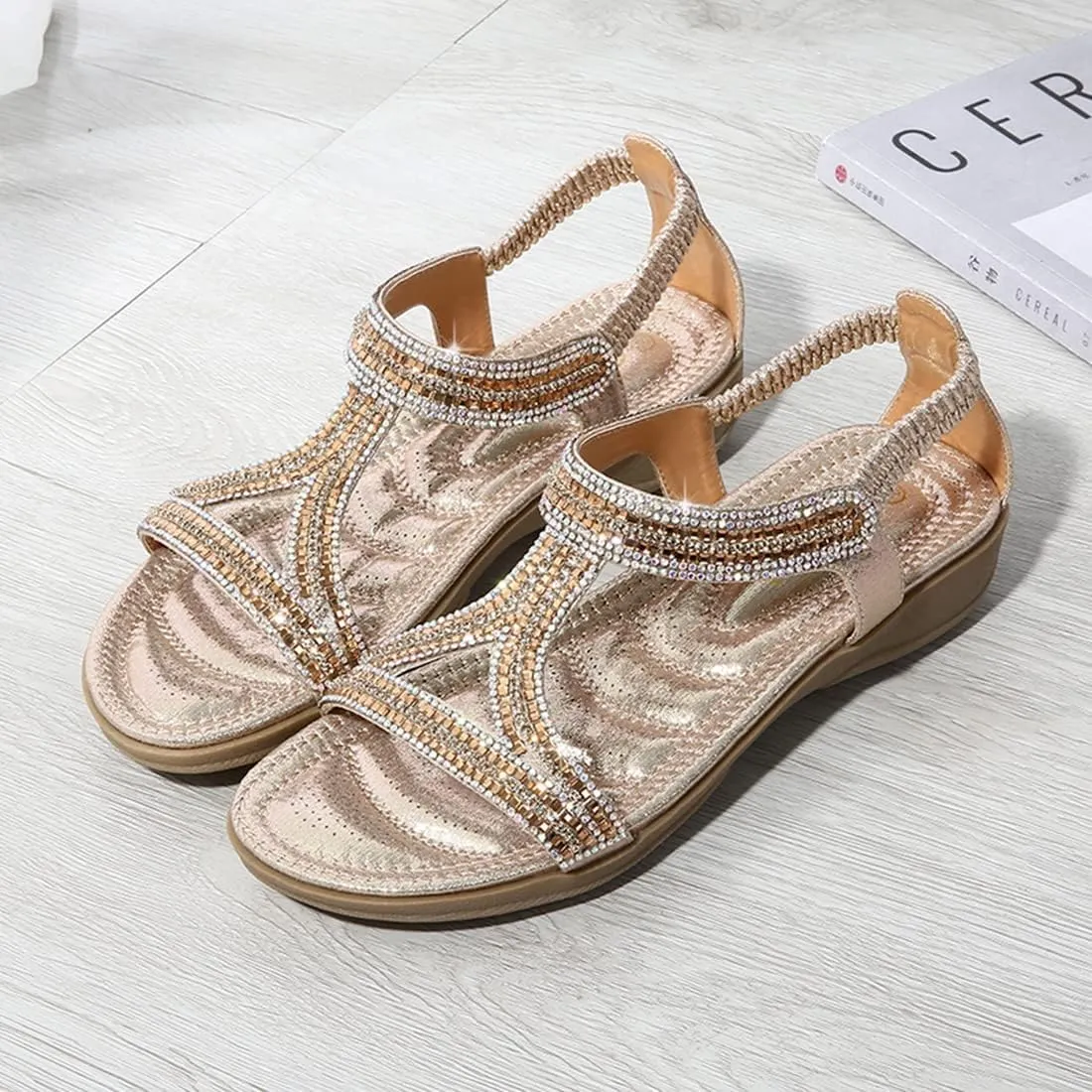 HNGHOU Sandals for Women Flats Shoes with Bohemian Rhinestone Comfortable Womens Beach Sandal Elastic Ankle Strap Slip On Summer Sandal