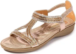 HNGHOU Sandals for Women Flats Shoes with Bohemian Rhinestone Comfortable Womens Beach Sandal Elastic Ankle Strap Slip On Summer Sandal