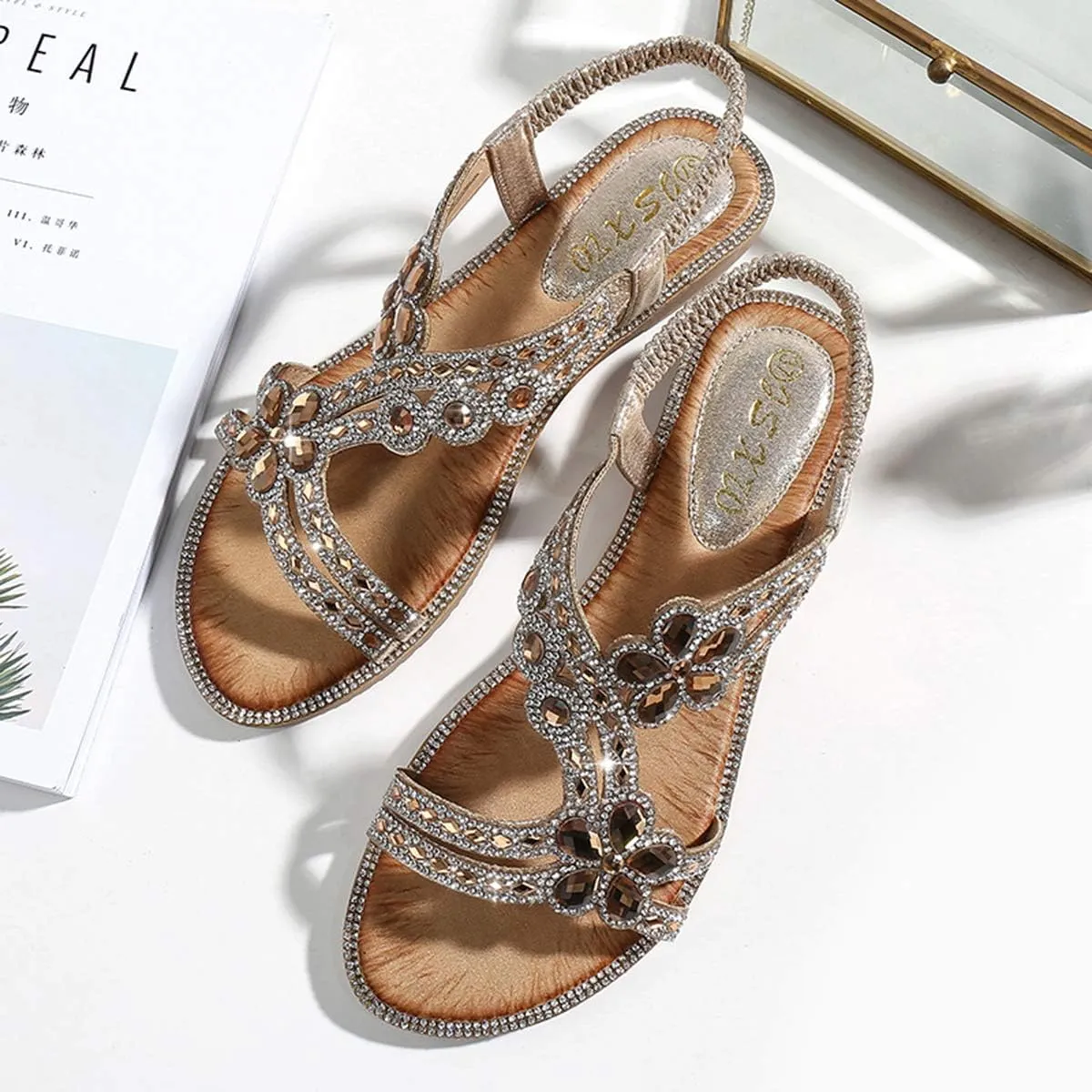 HNGHOU Womens Summer Sandals Comfort Flats Shoes Casual Open Toe Ankle Crystal Bohemia Beach sandals