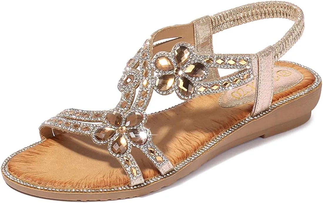 HNGHOU Womens Summer Sandals Comfort Flats Shoes Casual Open Toe Ankle Crystal Bohemia Beach sandals