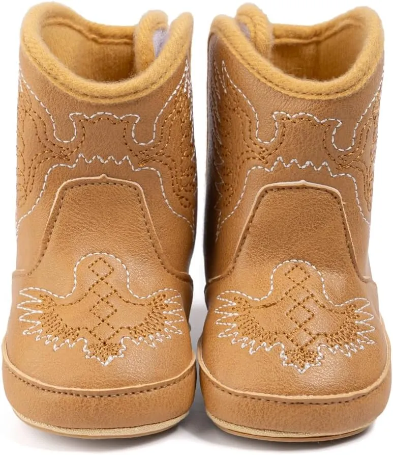 HsdsBebe Baby Boys Girls Western Cowboy Boots Infant Moccasins High Top Booties Toddler Soft Sole Non-Slip First Walker Crib Shoes