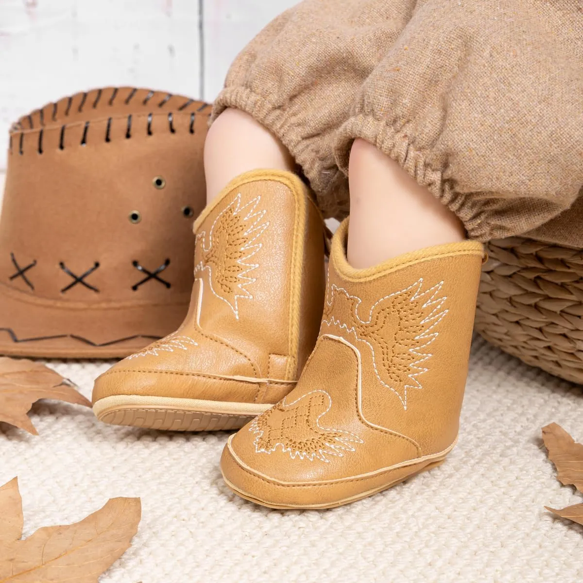 HsdsBebe Baby Boys Girls Western Cowboy Boots Infant Moccasins High Top Booties Toddler Soft Sole Non-Slip First Walker Crib Shoes