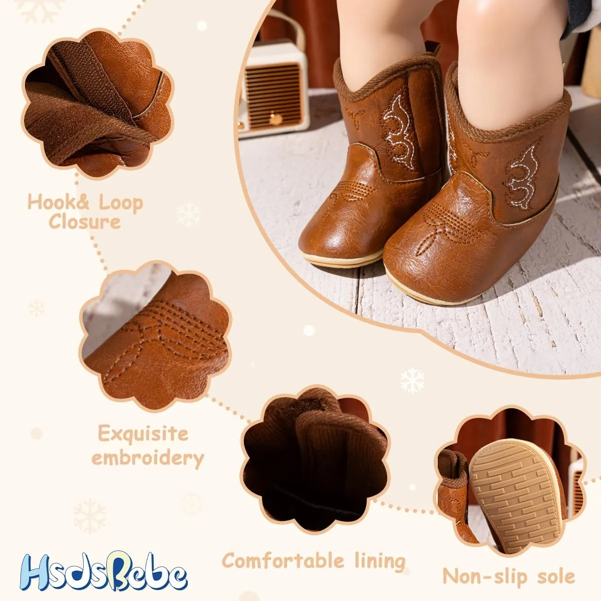 HsdsBebe Baby Boys Girls Western Cowboy Boots Infant Moccasins High Top Booties Toddler Soft Sole Non-Slip First Walker Crib Shoes