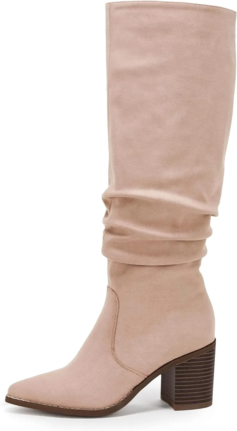Huiyuzhi Womens Pointed Toe Mid Chunky Heel Side Zipper Knee High Boots Tall Booties