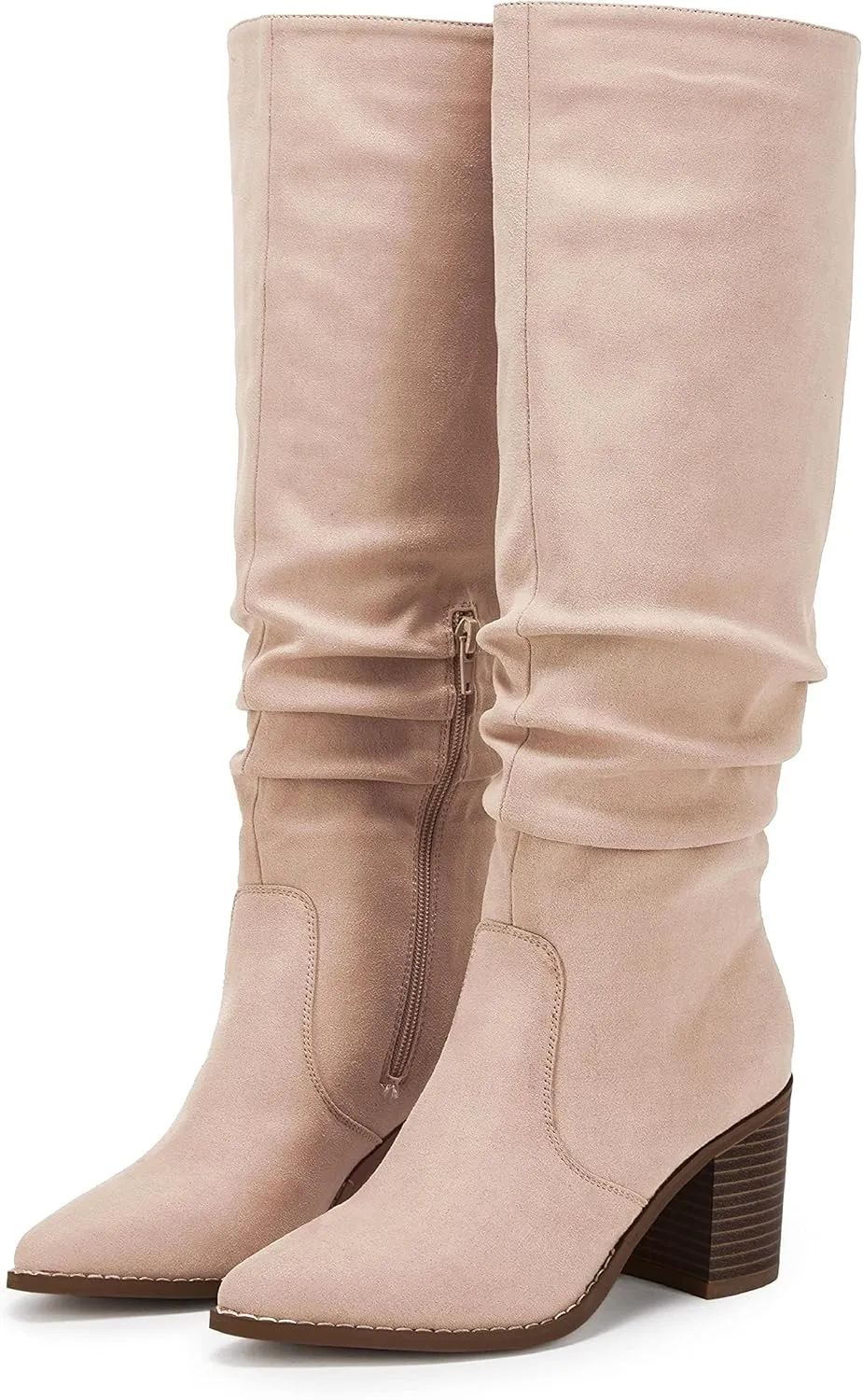 Huiyuzhi Womens Pointed Toe Mid Chunky Heel Side Zipper Knee High Boots Tall Booties