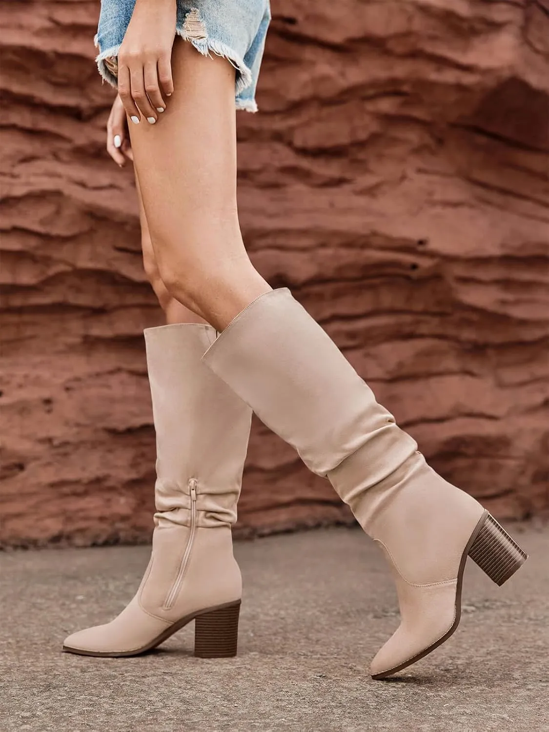 Huiyuzhi Womens Pointed Toe Mid Chunky Heel Side Zipper Knee High Boots Tall Booties