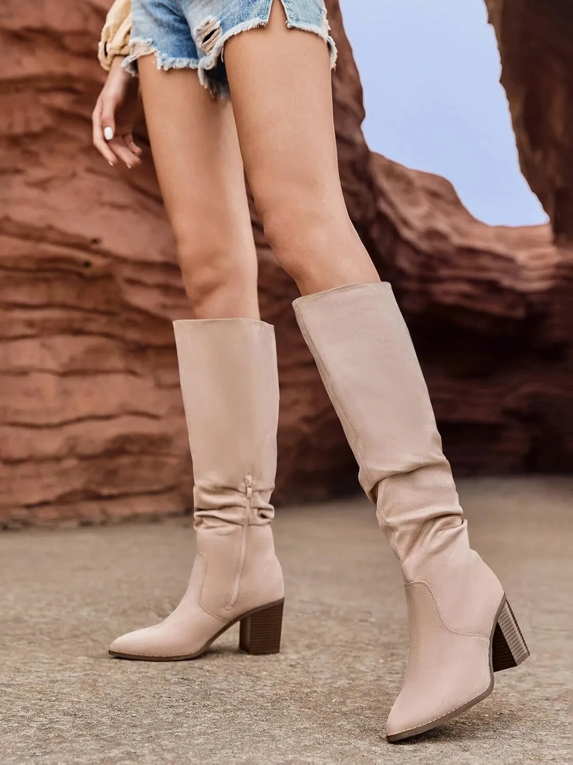 Huiyuzhi Womens Pointed Toe Mid Chunky Heel Side Zipper Knee High Boots Tall Booties