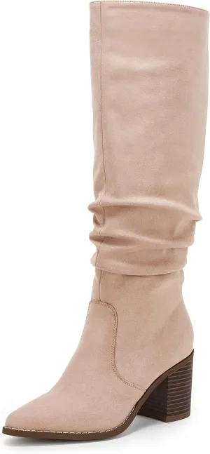 Huiyuzhi Womens Pointed Toe Mid Chunky Heel Side Zipper Knee High Boots Tall Booties