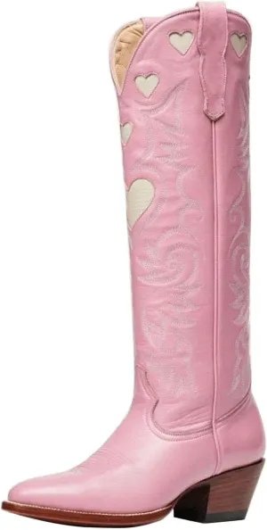 Huntarry Heart Boots for Women Red Cowboy Boots Embroidered Inlay Heart Knee High Round Toe Boots Chunky Heel Cowgirl Boots Valentines Day Boots