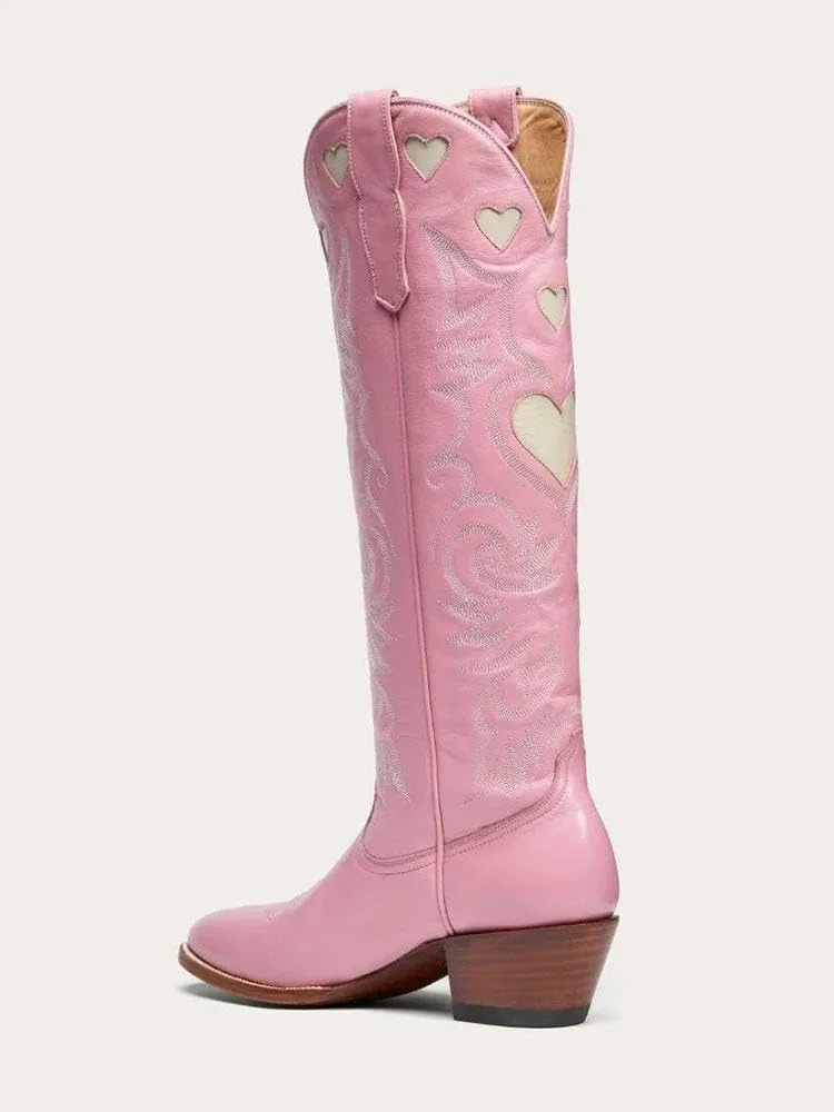 Huntarry Heart Boots for Women Red Cowboy Boots Embroidered Inlay Heart Knee High Round Toe Boots Chunky Heel Cowgirl Boots Valentines Day Boots