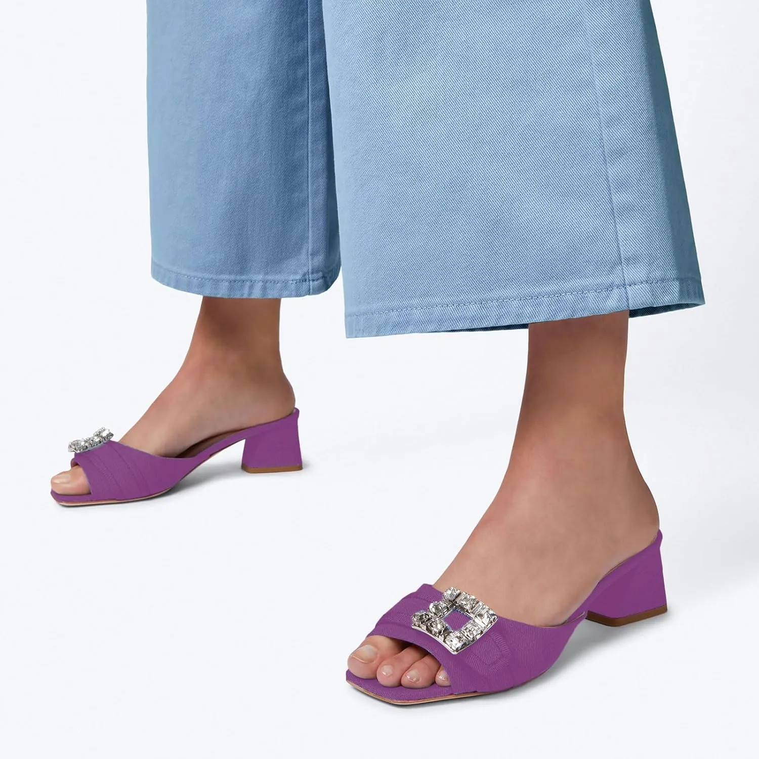 iadore Women Comfortable Block Low Heel Sandals Rhinestone Studded Buckle Mules Chic Square Toe Denim Summer Dress Sandals Size 5-12 US