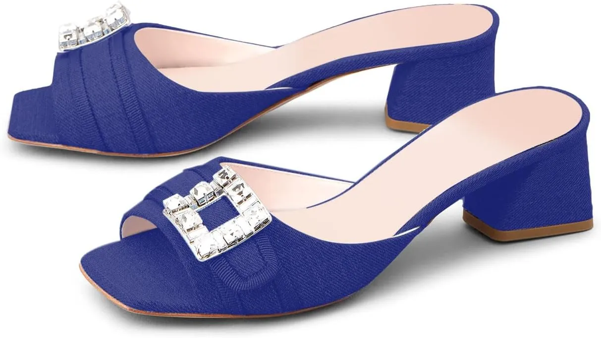 iadore Women Comfortable Block Low Heel Sandals Rhinestone Studded Buckle Mules Chic Square Toe Denim Summer Dress Sandals Size 5-12 US