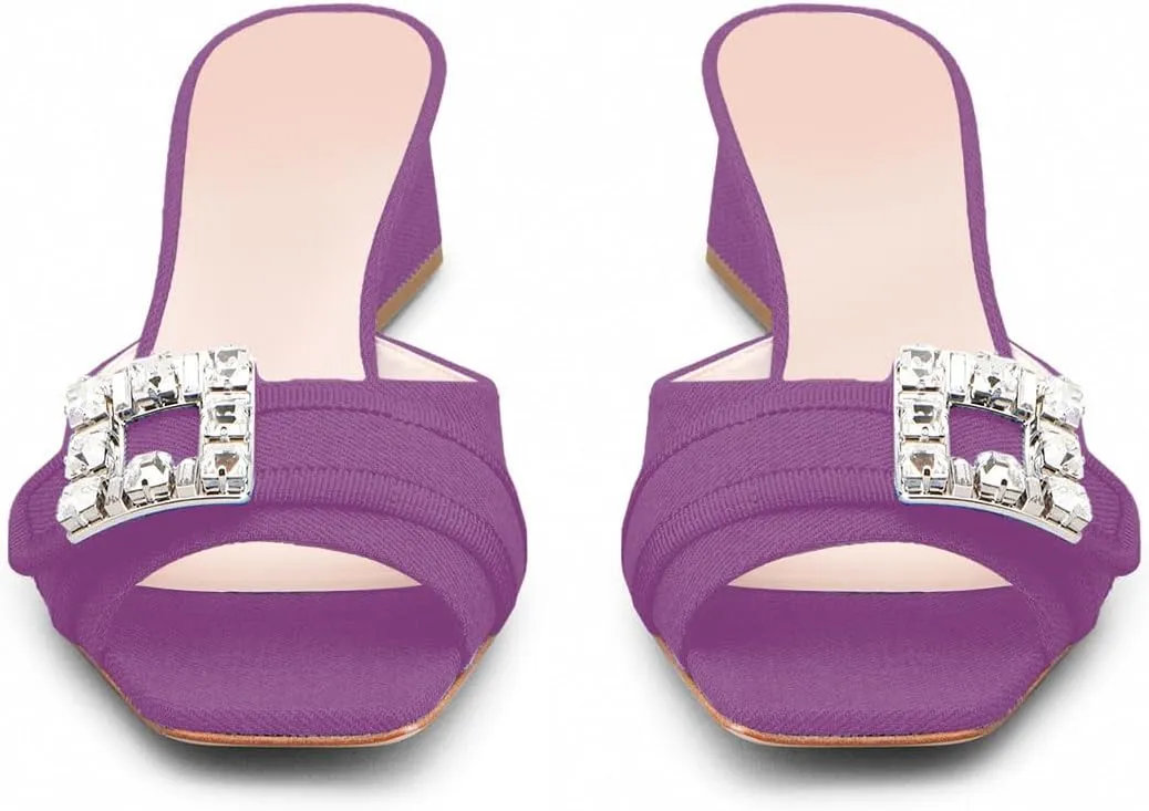 iadore Women Comfortable Block Low Heel Sandals Rhinestone Studded Buckle Mules Chic Square Toe Denim Summer Dress Sandals Size 5-12 US