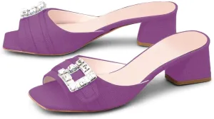 iadore Women Comfortable Block Low Heel Sandals Rhinestone Studded Buckle Mules Chic Square Toe Denim Summer Dress Sandals Size 5-12 US