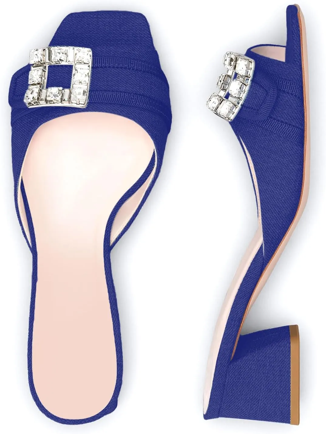 iadore Women Comfortable Block Low Heel Sandals Rhinestone Studded Buckle Mules Chic Square Toe Denim Summer Dress Sandals Size 5-12 US