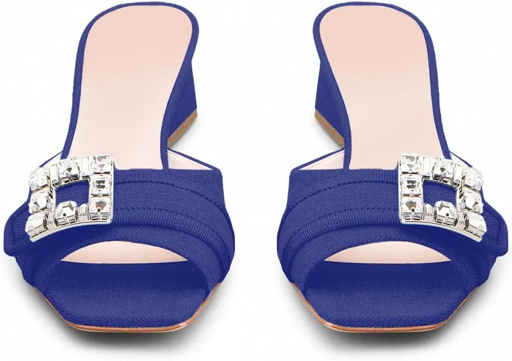 iadore Women Comfortable Block Low Heel Sandals Rhinestone Studded Buckle Mules Chic Square Toe Denim Summer Dress Sandals Size 5-12 US