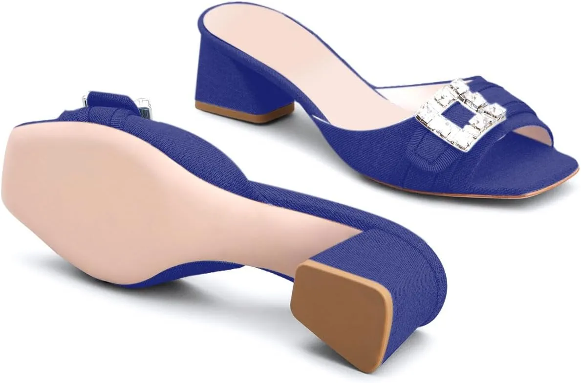 iadore Women Comfortable Block Low Heel Sandals Rhinestone Studded Buckle Mules Chic Square Toe Denim Summer Dress Sandals Size 5-12 US