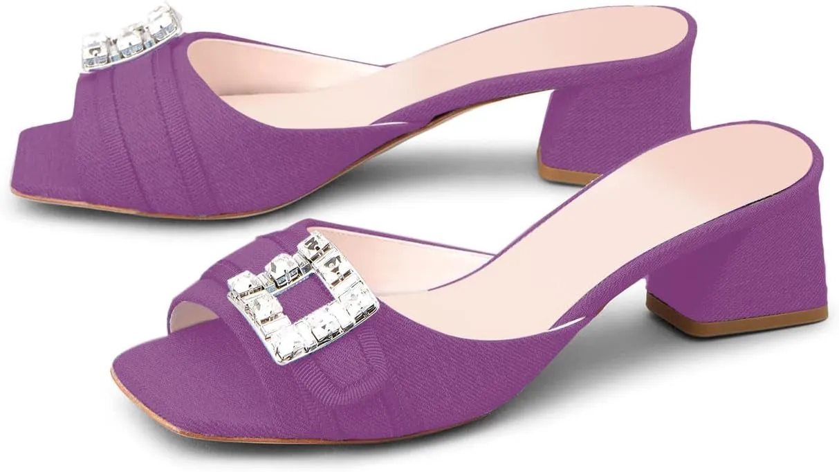 iadore Women Comfortable Block Low Heel Sandals Rhinestone Studded Buckle Mules Chic Square Toe Denim Summer Dress Sandals Size 5-12 US
