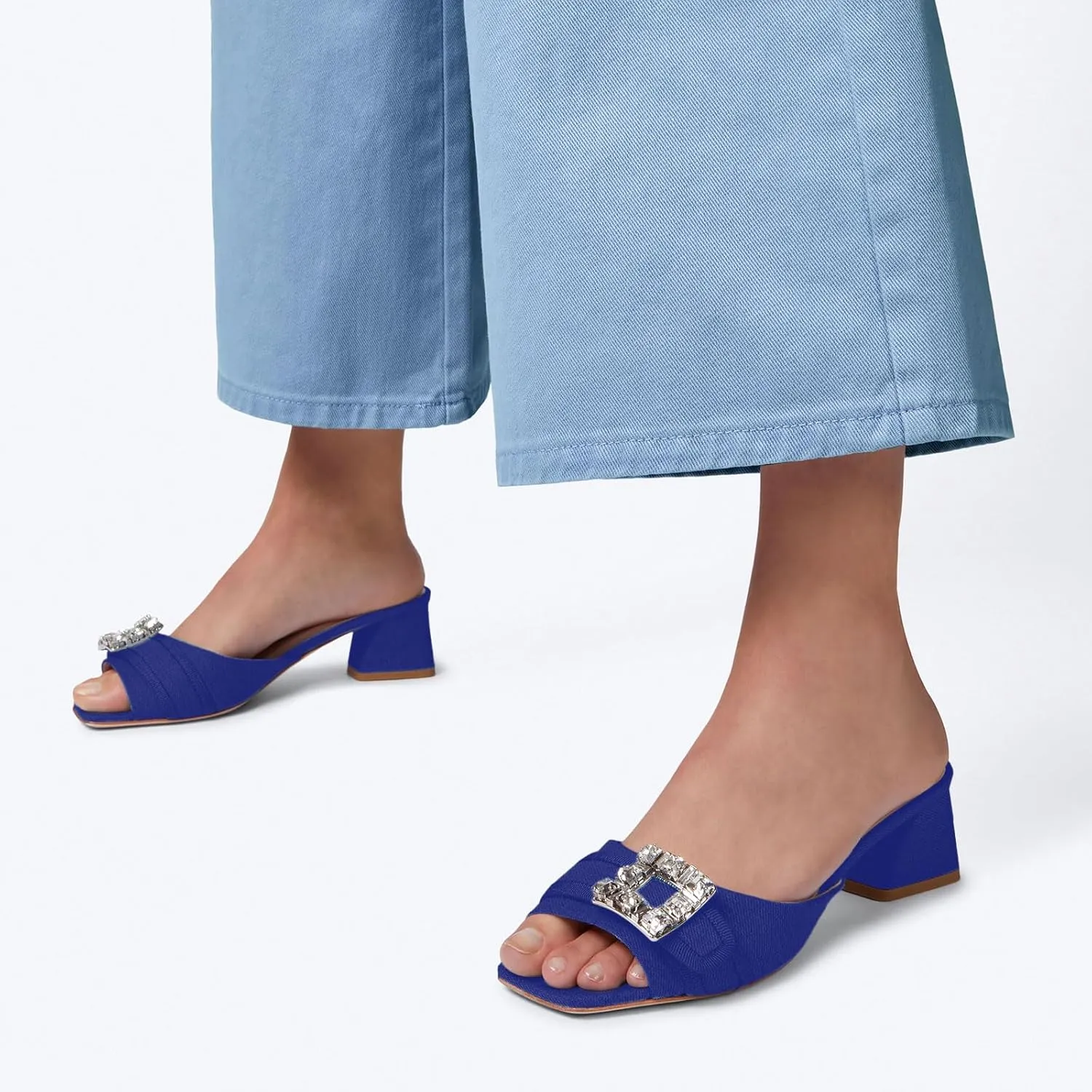 iadore Women Comfortable Block Low Heel Sandals Rhinestone Studded Buckle Mules Chic Square Toe Denim Summer Dress Sandals Size 5-12 US