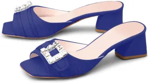 iadore Women Comfortable Block Low Heel Sandals Rhinestone Studded Buckle Mules Chic Square Toe Denim Summer Dress Sandals Size 5-12 US