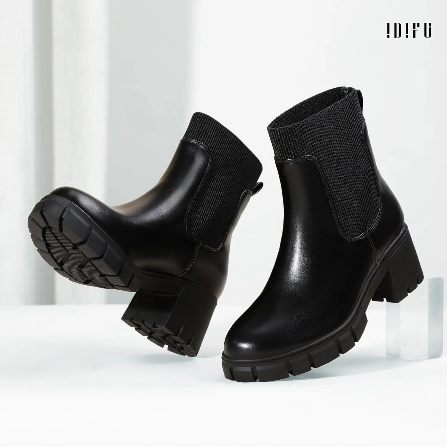 IDIFU IN2 Chelsea Boots Elastic Ankle Boots for Women Platform Lug Sole Women's Boots Round Toe Low Chunky Block Heeled Booties Work Dress Fashion Casual Comfortable Slip on Short Boots