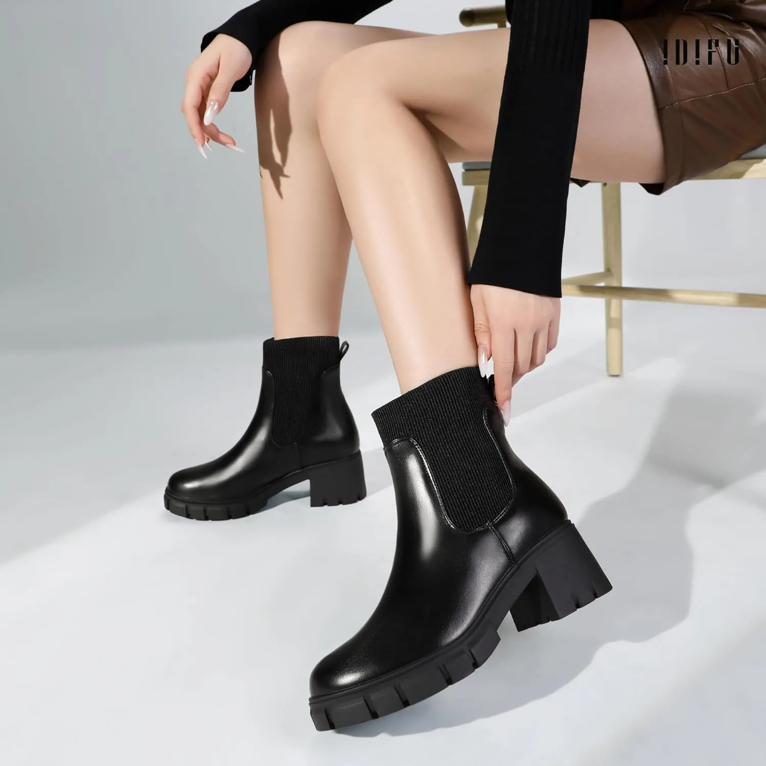 IDIFU IN2 Chelsea Boots Elastic Ankle Boots for Women Platform Lug Sole Women's Boots Round Toe Low Chunky Block Heeled Booties Work Dress Fashion Casual Comfortable Slip on Short Boots