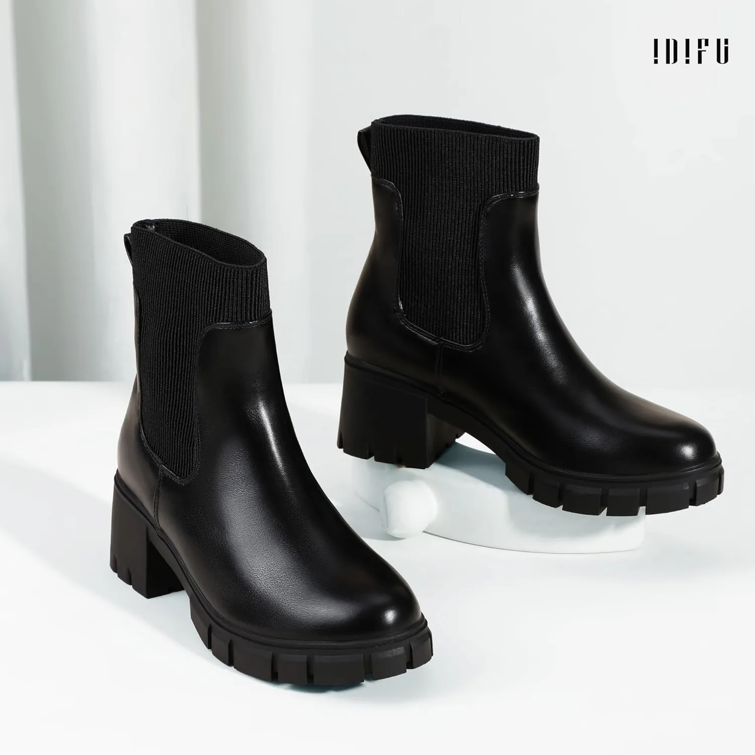 IDIFU IN2 Chelsea Boots Elastic Ankle Boots for Women Platform Lug Sole Women's Boots Round Toe Low Chunky Block Heeled Booties Work Dress Fashion Casual Comfortable Slip on Short Boots