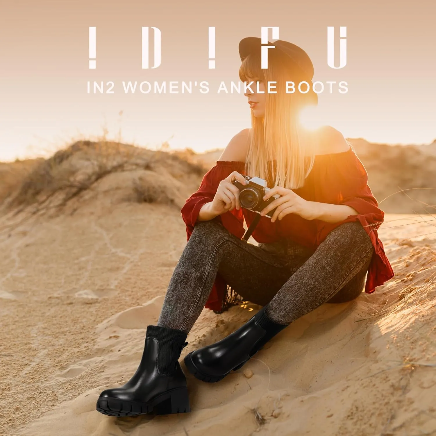 IDIFU IN2 Chelsea Boots Elastic Ankle Boots for Women Platform Lug Sole Women's Boots Round Toe Low Chunky Block Heeled Booties Work Dress Fashion Casual Comfortable Slip on Short Boots