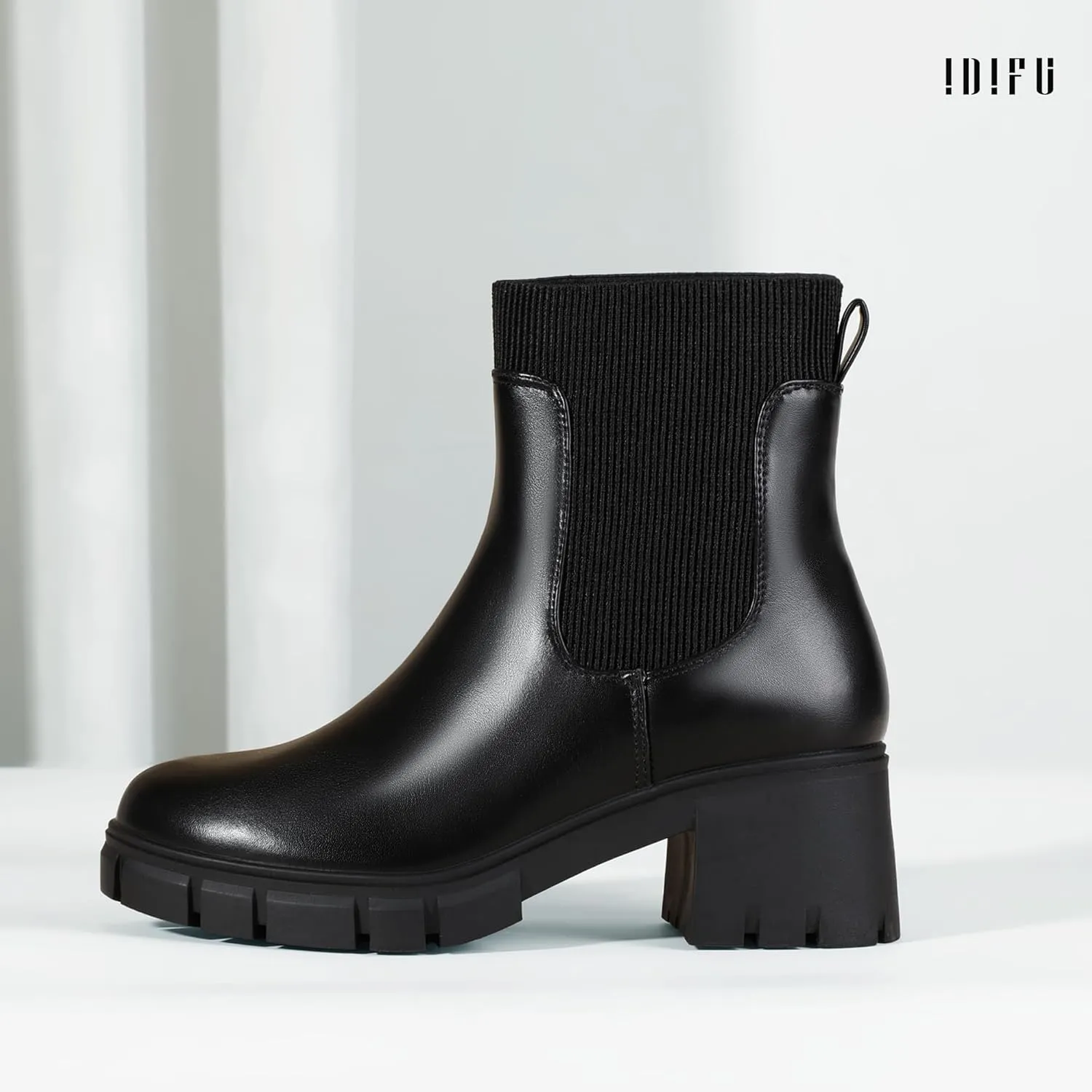 IDIFU IN2 Chelsea Boots Elastic Ankle Boots for Women Platform Lug Sole Women's Boots Round Toe Low Chunky Block Heeled Booties Work Dress Fashion Casual Comfortable Slip on Short Boots