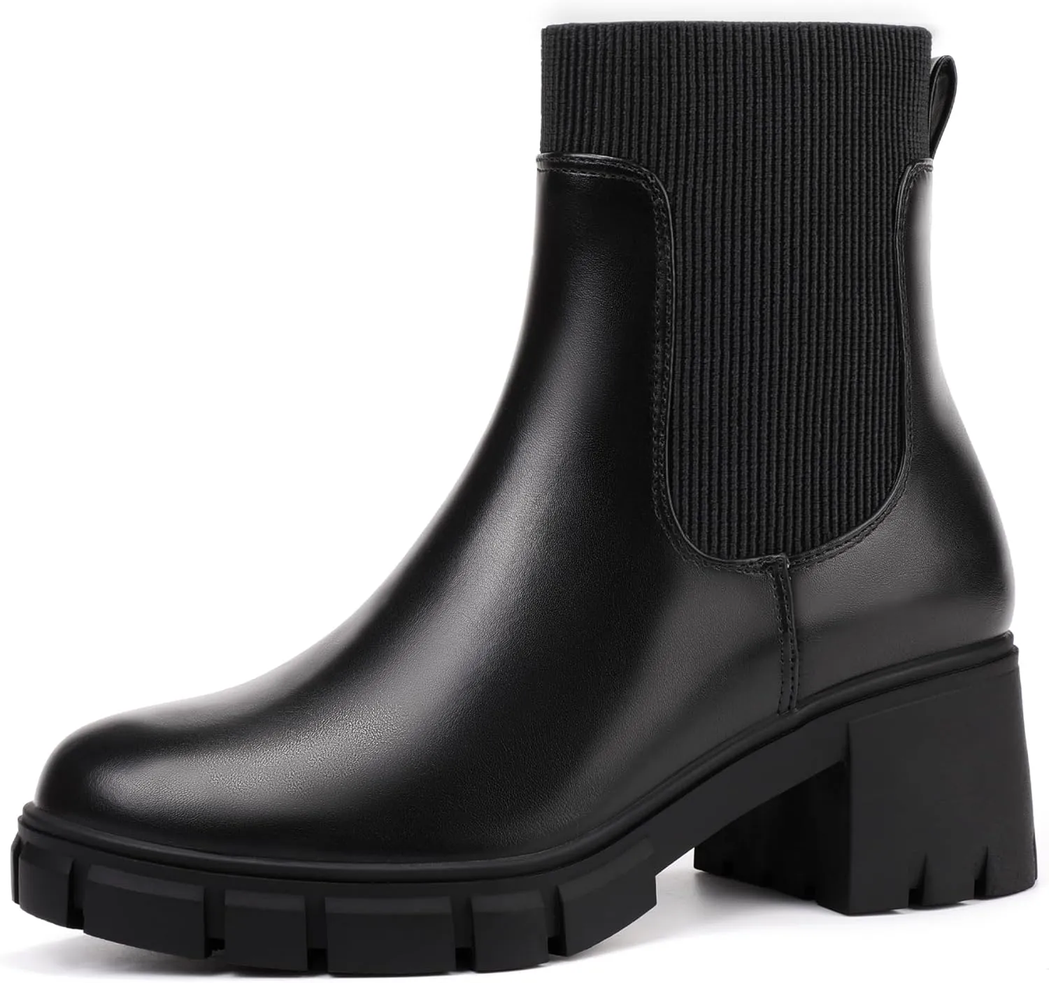 IDIFU IN2 Chelsea Boots Elastic Ankle Boots for Women Platform Lug Sole Women's Boots Round Toe Low Chunky Block Heeled Booties Work Dress Fashion Casual Comfortable Slip on Short Boots