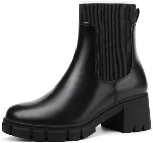 IDIFU IN2 Chelsea Boots Elastic Ankle Boots for Women Platform Lug Sole Women's Boots Round Toe Low Chunky Block Heeled Booties Work Dress Fashion Casual Comfortable Slip on Short Boots
