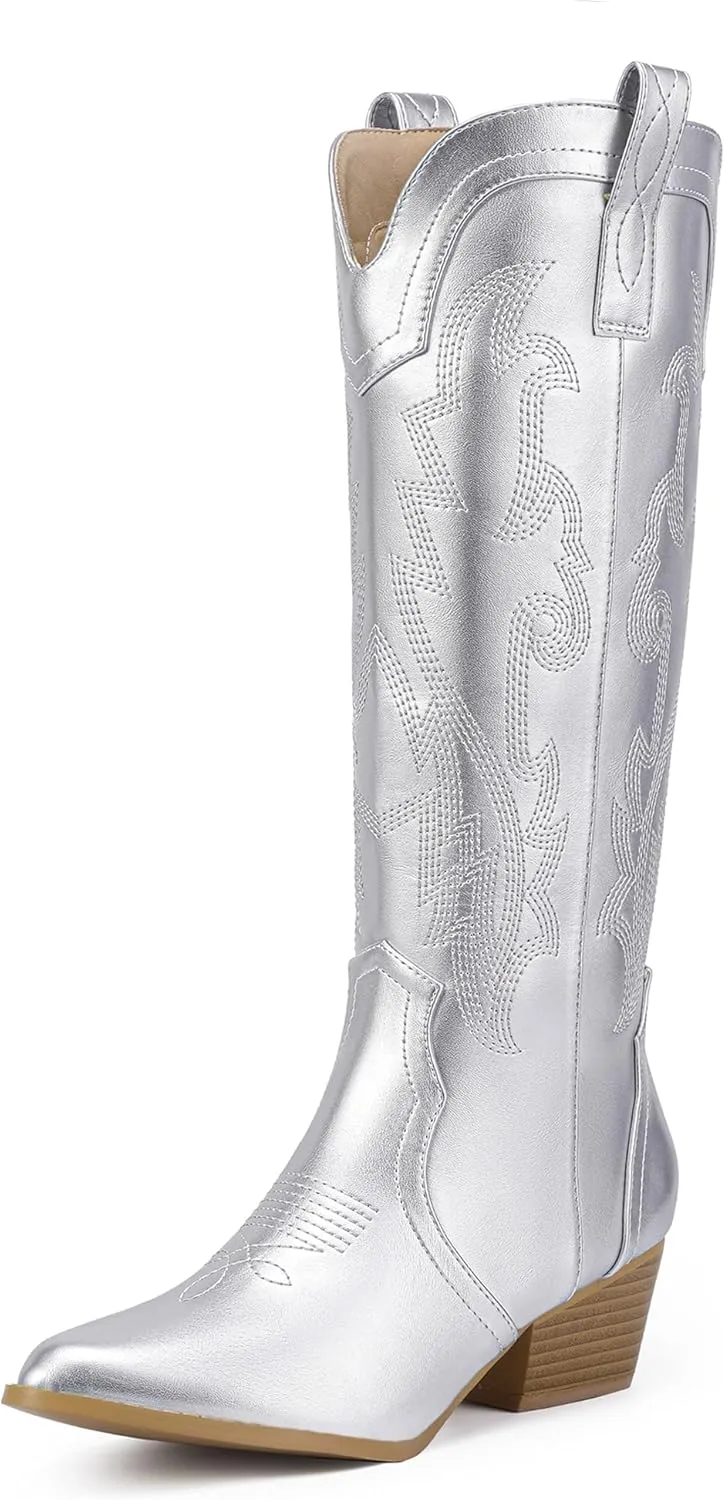 IDIFU IN2 Cowboy Boots For Women Cowgirl Knee High Western Tall Boots Chunky Low Pointed Toe Heel Boots Fashion Booties for Women Embroidered Wedding Country Concert Boots
