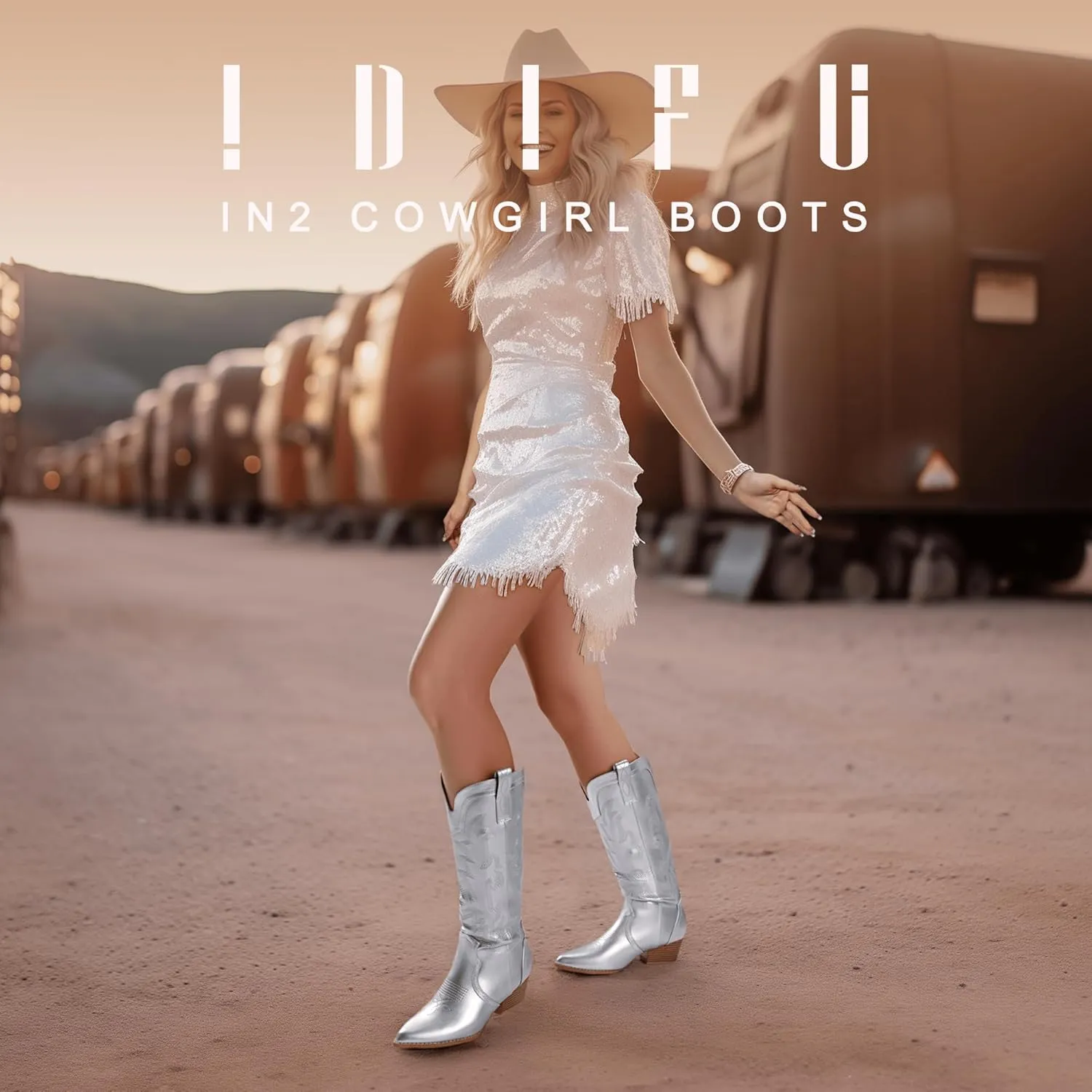 IDIFU IN2 Cowboy Boots For Women Cowgirl Knee High Western Tall Boots Chunky Low Pointed Toe Heel Boots Fashion Booties for Women Embroidered Wedding Country Concert Boots