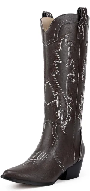 IDIFU IN2 Cowboy Boots For Women Cowgirl Knee High Western Tall Boots Chunky Low Pointed Toe Heel Boots Fashion Booties for Women Embroidered Wedding Country Concert Boots
