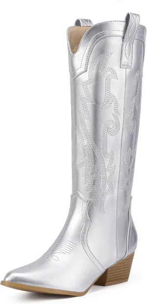 IDIFU IN2 Cowboy Boots For Women Cowgirl Knee High Western Tall Boots Chunky Low Pointed Toe Heel Boots Fashion Booties for Women Embroidered Wedding Country Concert Boots