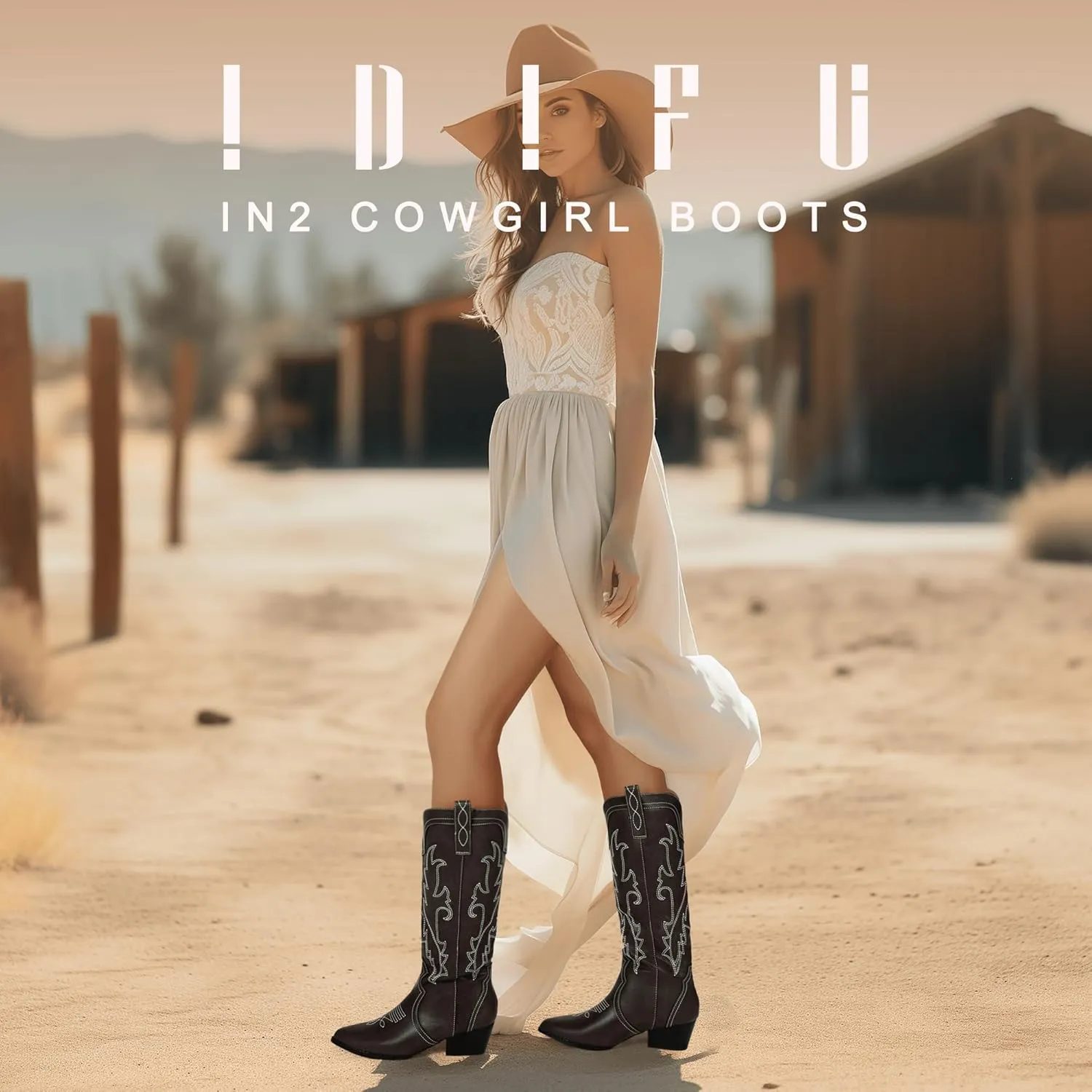 IDIFU IN2 Cowboy Boots For Women Cowgirl Knee High Western Tall Boots Chunky Low Pointed Toe Heel Boots Fashion Booties for Women Embroidered Wedding Country Concert Boots