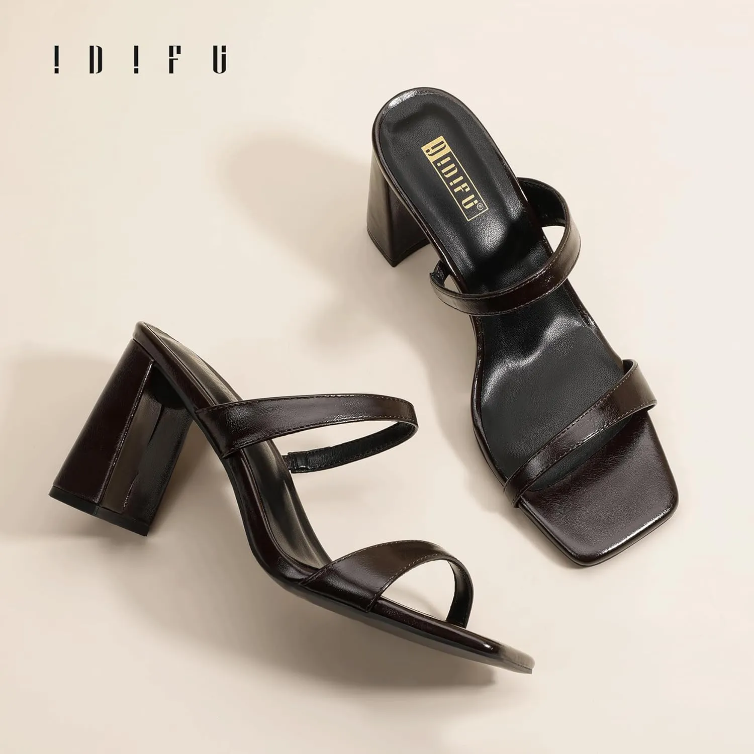IDIFU IN3 Chunky Block Heels for Women Square Open Toe Heels Comfortable Sexy Summer Cute Trendy Slides Heeled Sandals Prom Wedding Party Dress Shoes for Women Two Strap Slip On Mules Low Short Heels