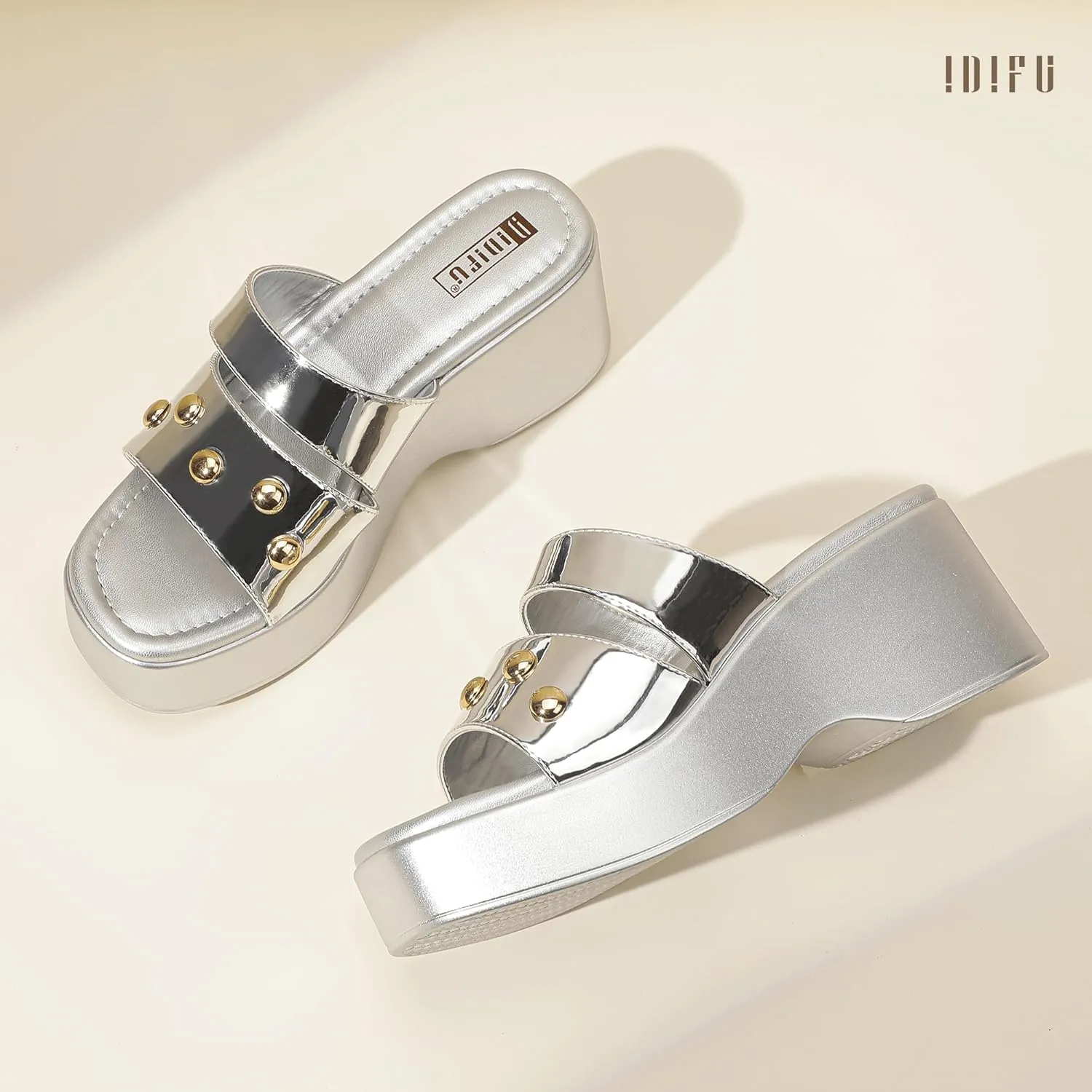 IDIFU IN3 Platform Sandals with Rivets Wedge Sandals for Women Comfortable Square Open Toe Slides Slip On Chunky Sandals Dressy Casual Summer Beach Walking Party Fashion Lightweight Wedges Sandals